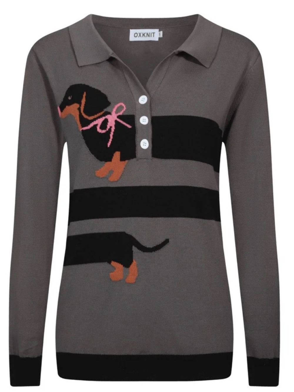 OXKNIT Gray V-Neck Polo Sweater with Dachshund Motif